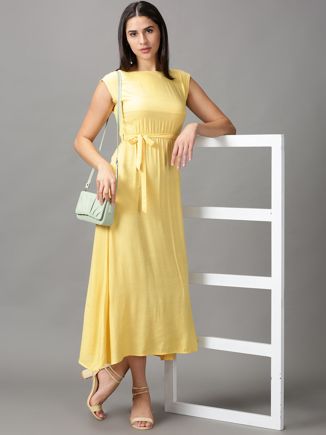 Women's Yellow Solid Fit and Flare Dress
