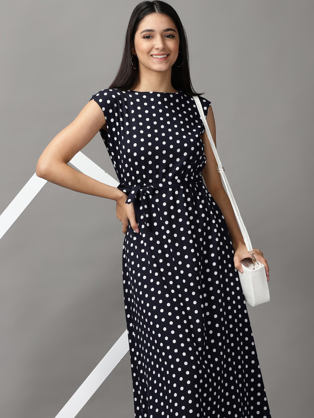 Women's Blue Polka Dots Fit and Flare Dress