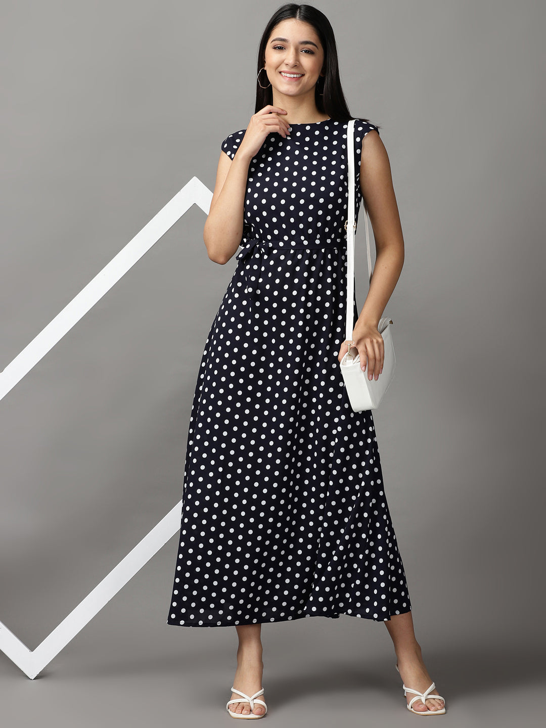 Women's Blue Polka Dots Fit and Flare Dress