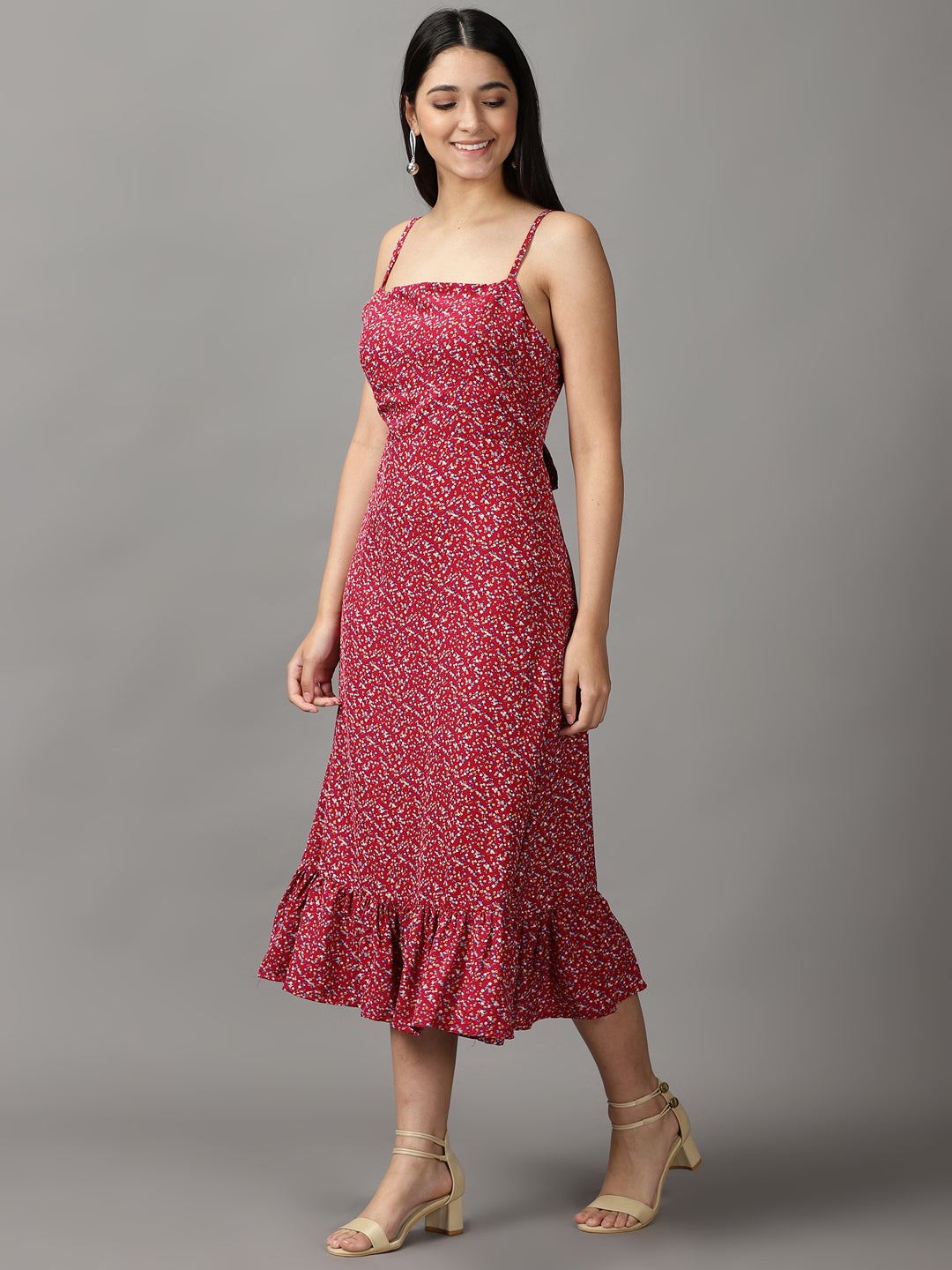 Women's Red Floral Fit and Flare Dress