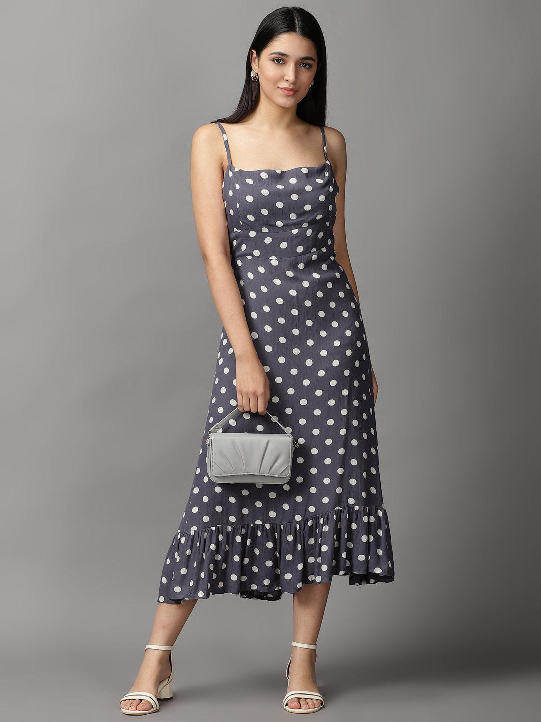 Women's Grey Polka Dots Fit and Flare Dress