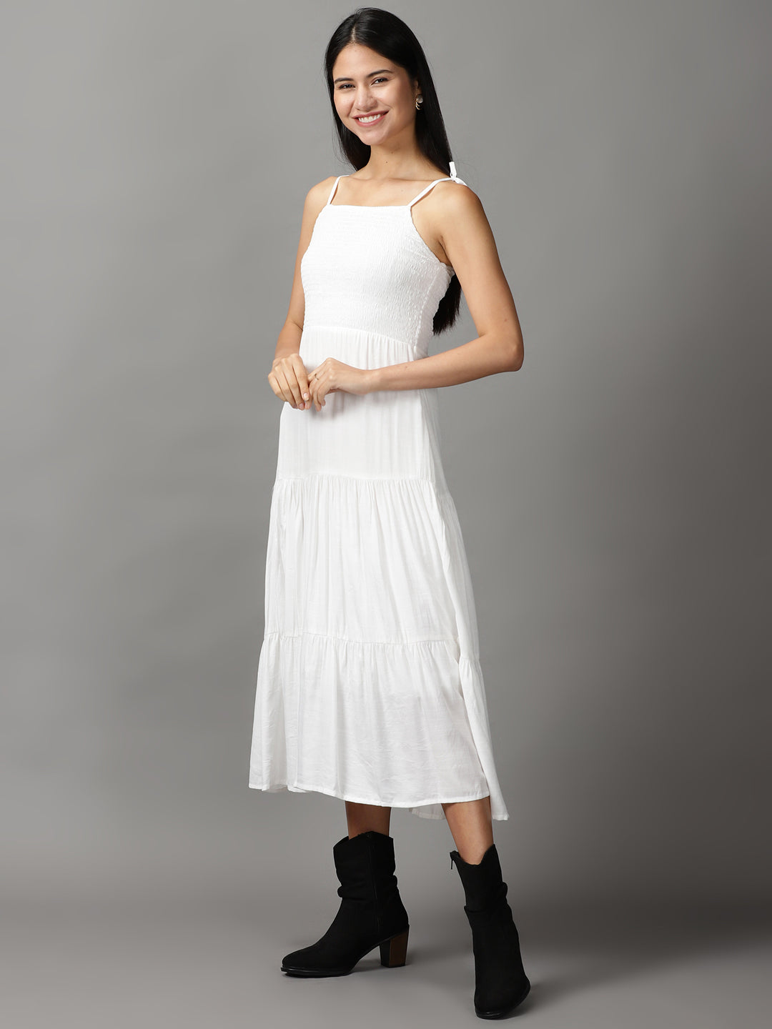 Women's White Solid Fit and Flare Dress