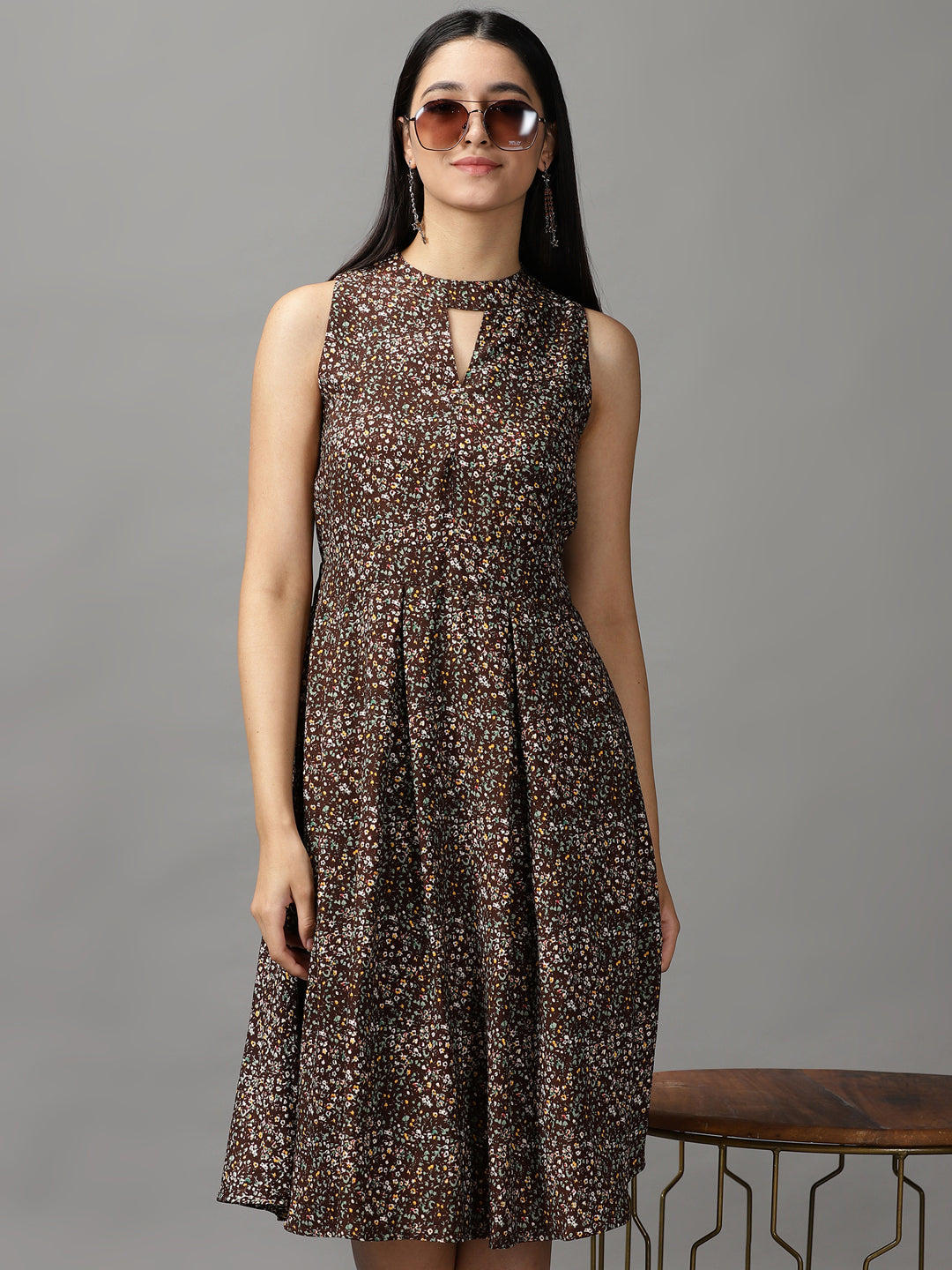 Women's Coffee Brown Floral Fit and Flare Dress