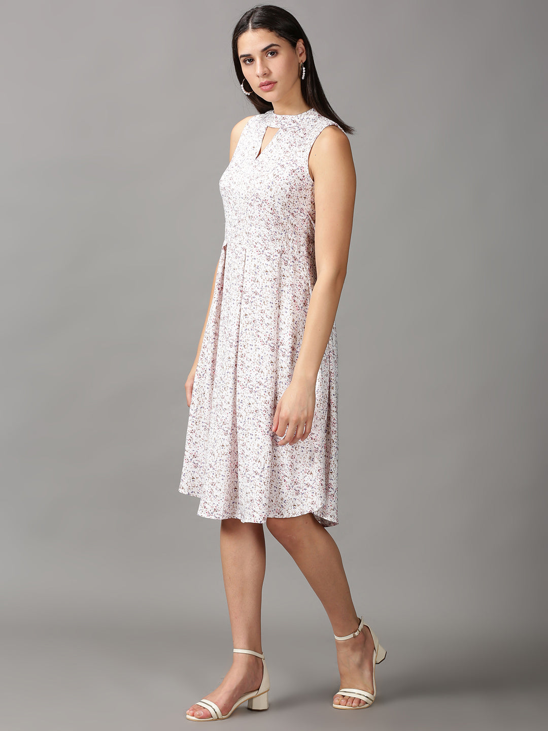 Women's White Floral Fit and Flare Dress