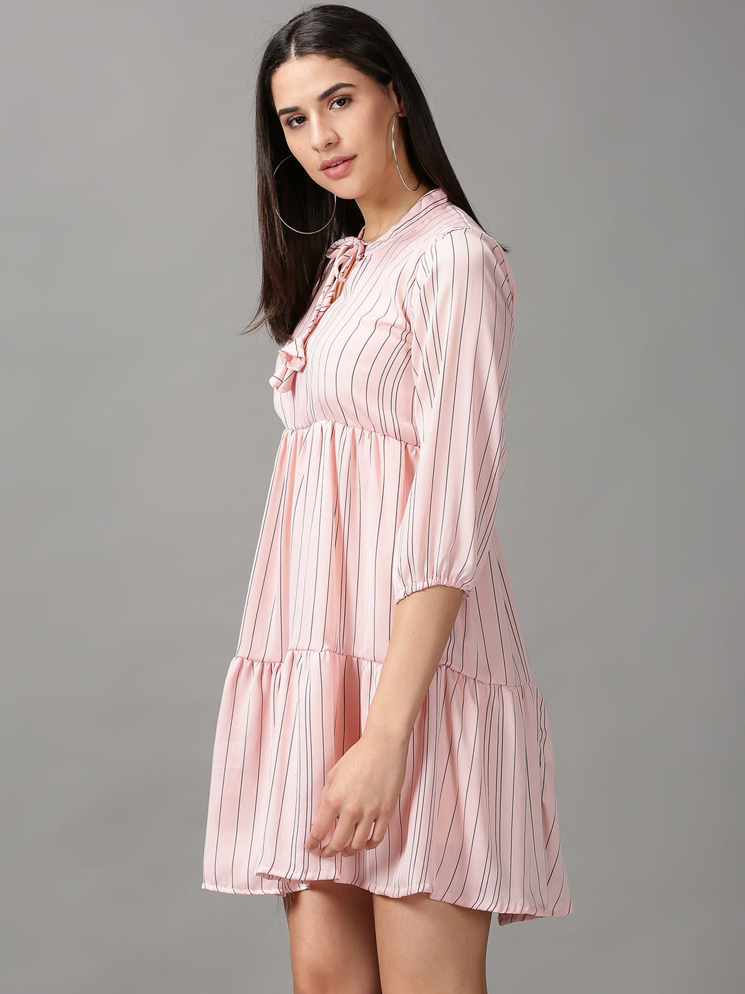 Women's Peach Striped Fit and Flare Dress