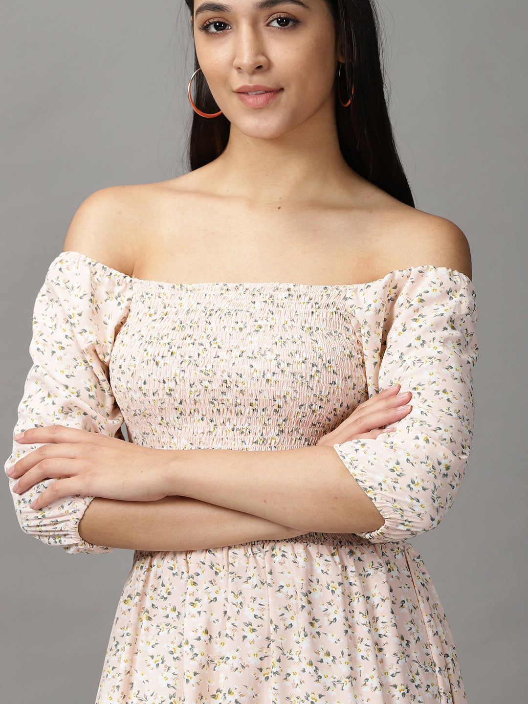 Women's Peach Floral Fit and Flare Dress