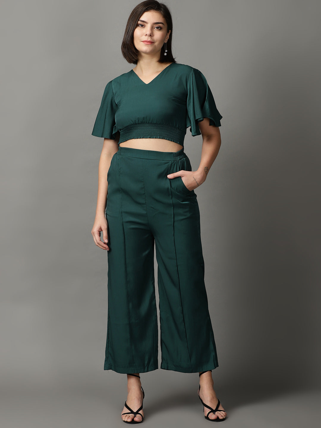 Women's Green Solid Co-Ords