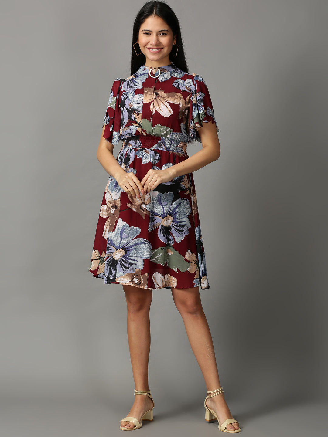 Women's Maroon Printed Fit and Flare Dress