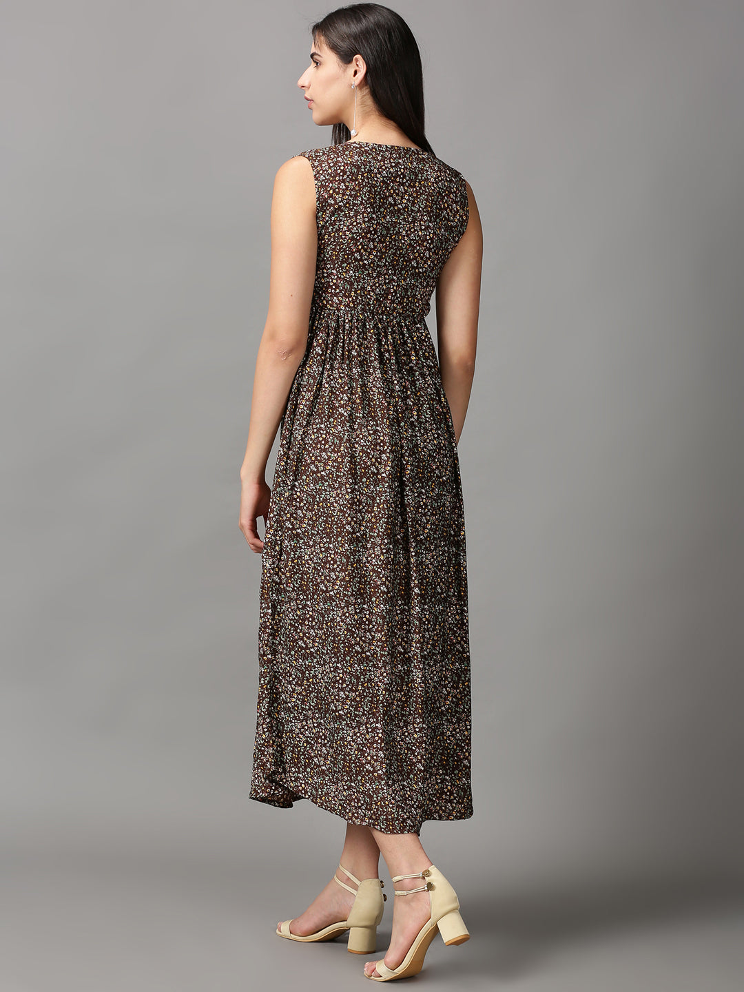 Women's Brown Floral Fit and Flare Dress