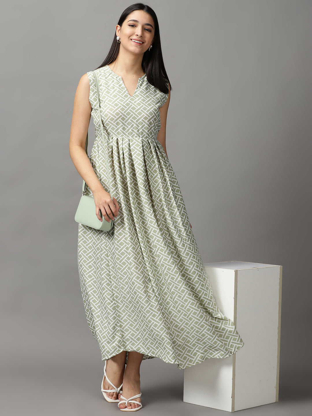 Women's Sea Green Geometrical Fit and Flare Dress