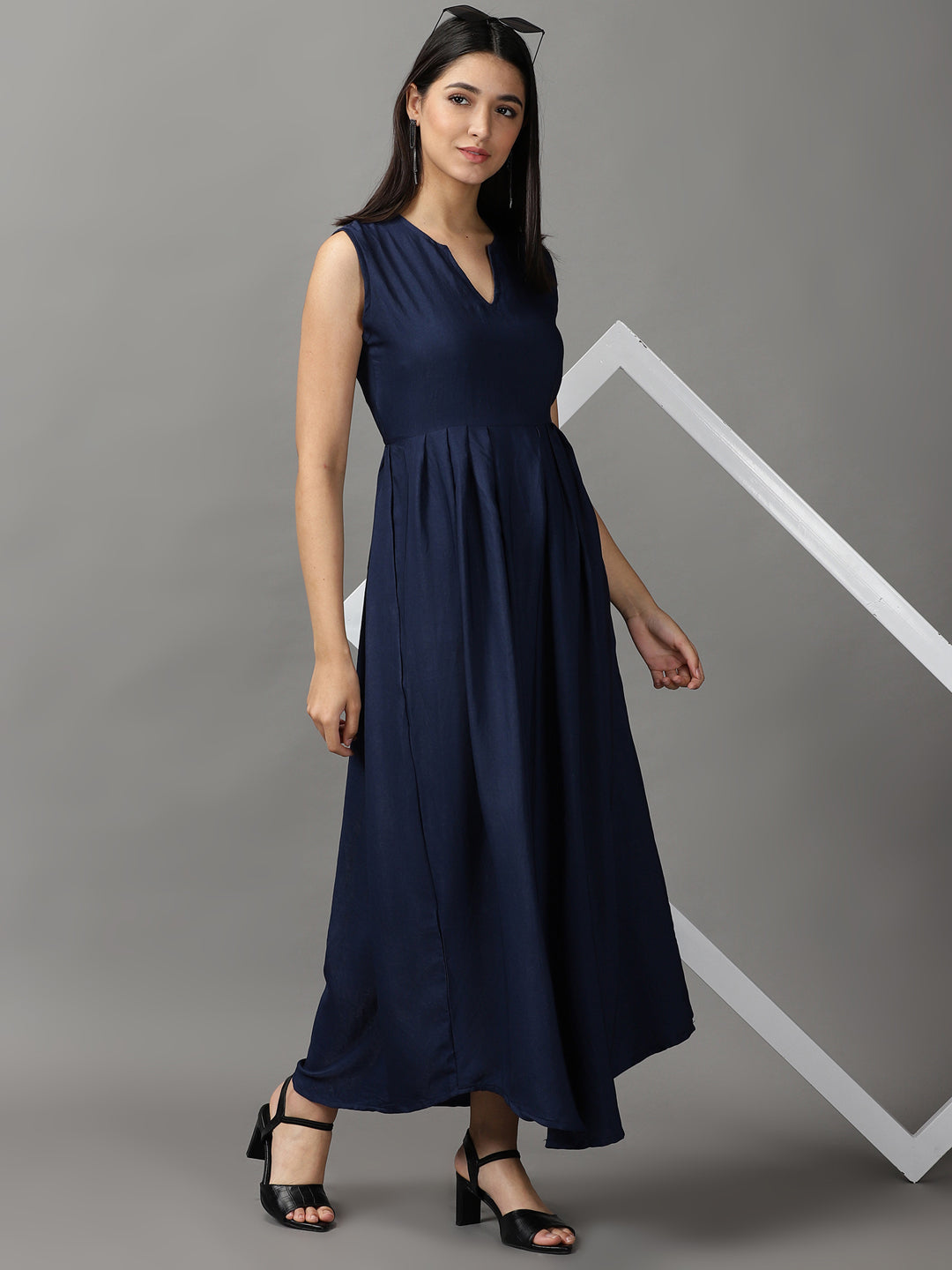 Women's Navy Blue Solid Fit and Flare Dress