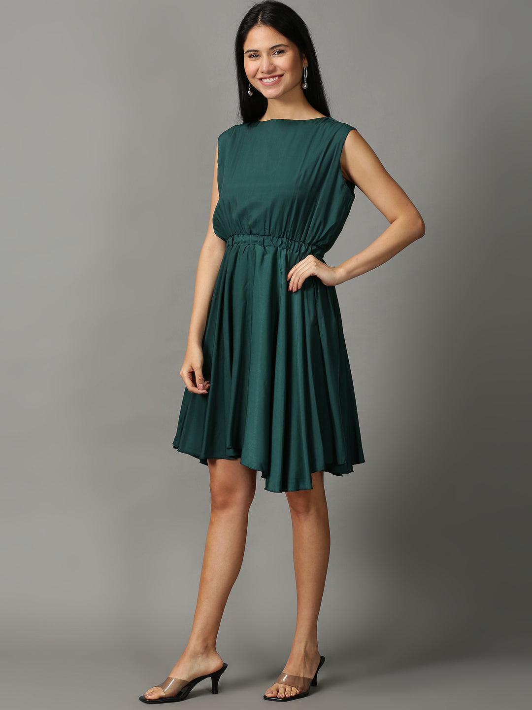 Women's Green Solid Fit and Flare Dress