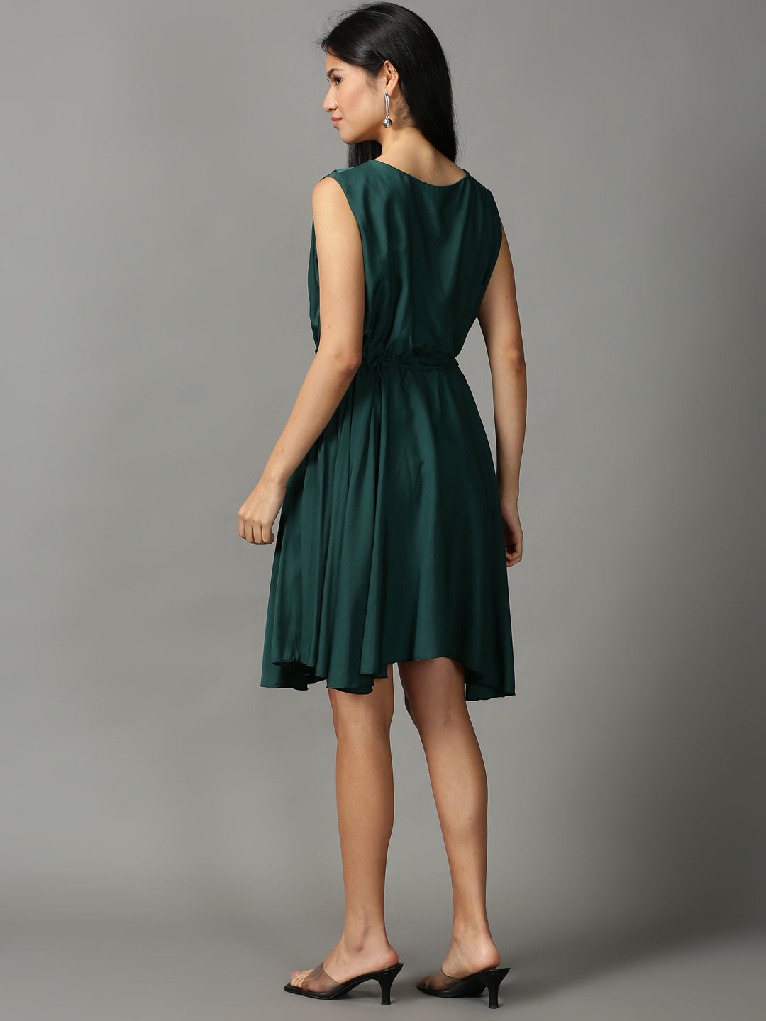 Women's Green Solid Fit and Flare Dress