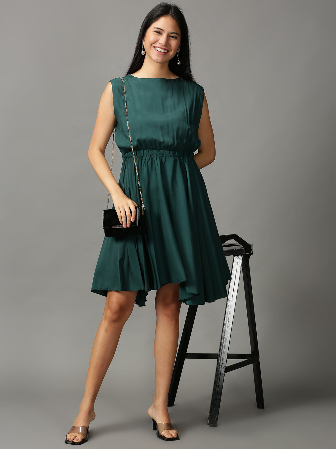 Women's Green Solid Fit and Flare Dress