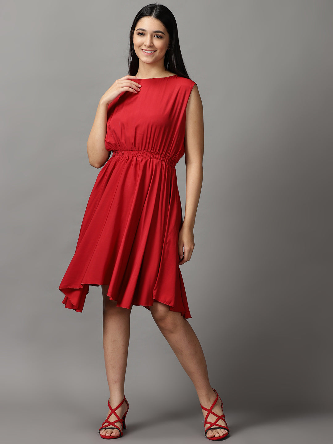 Women's Red Solid Fit and Flare Dress