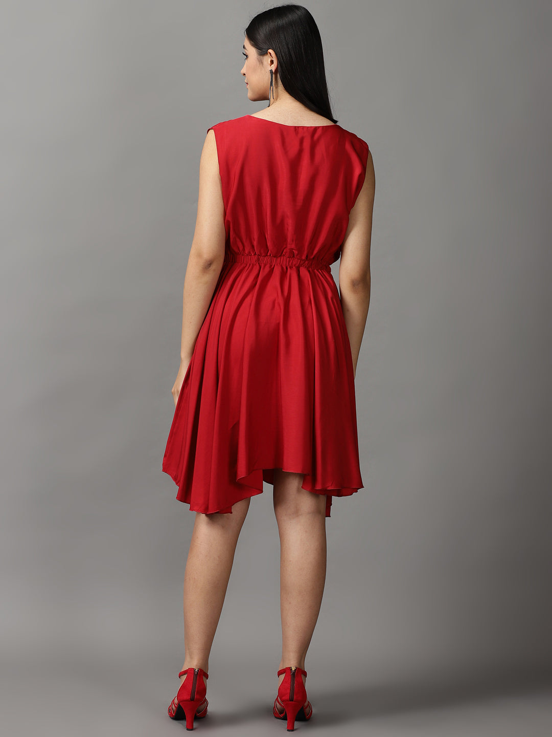 Women's Red Solid Fit and Flare Dress