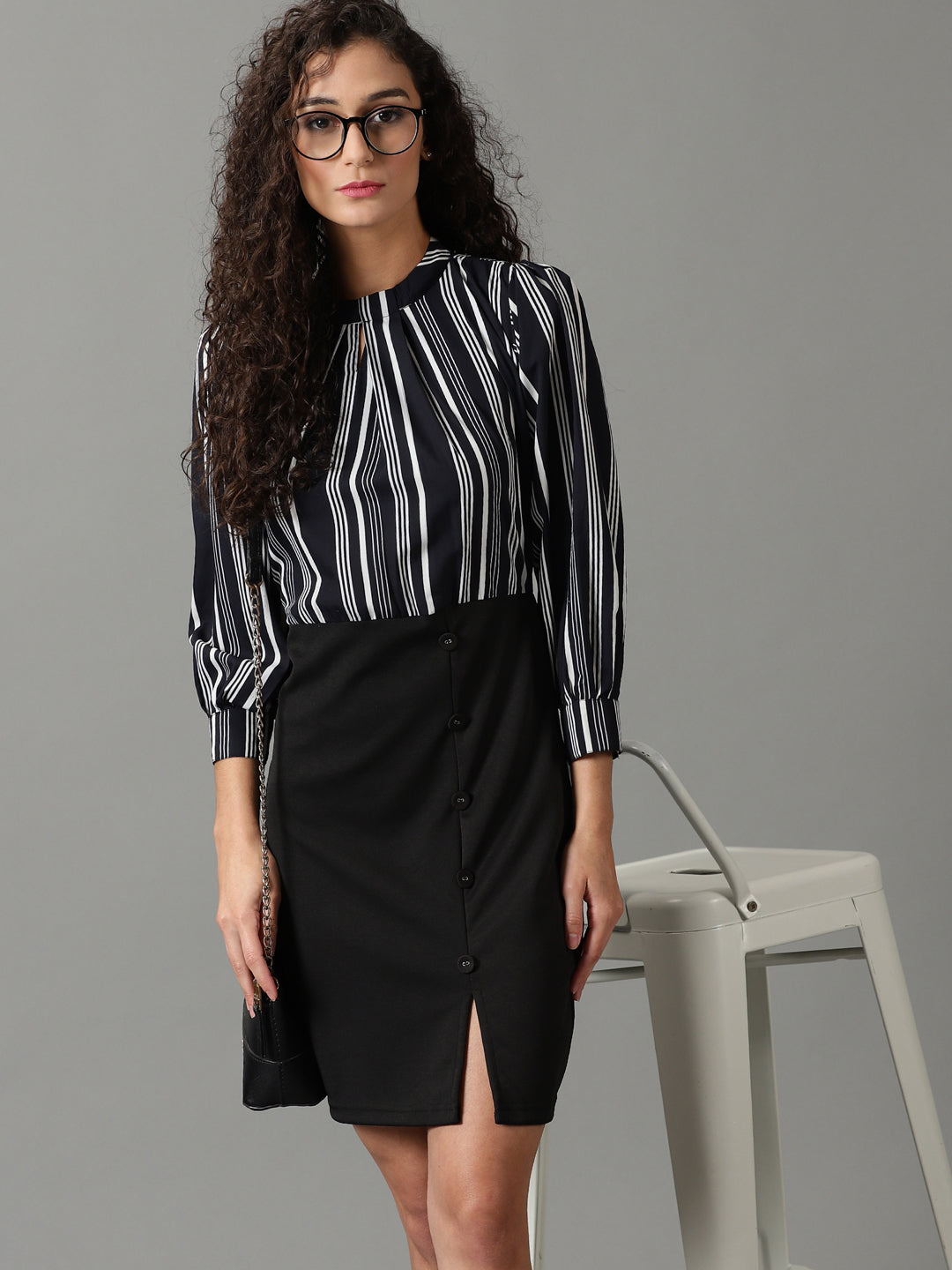 Women's Black Striped Fit and Flare Dress