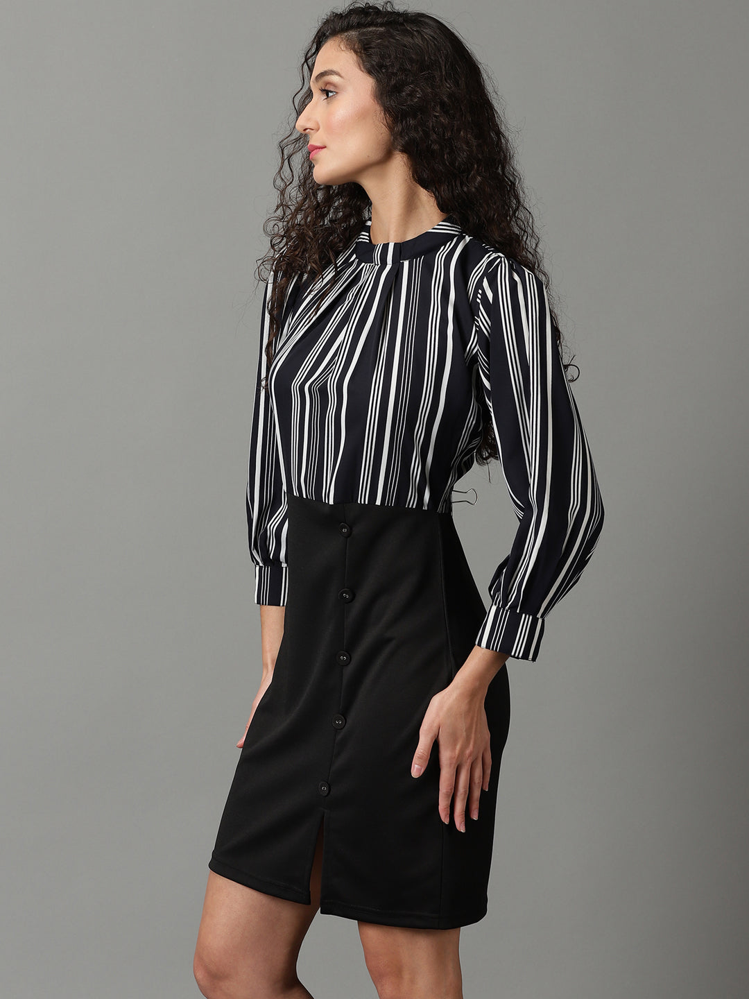 Women's Black Striped Fit and Flare Dress