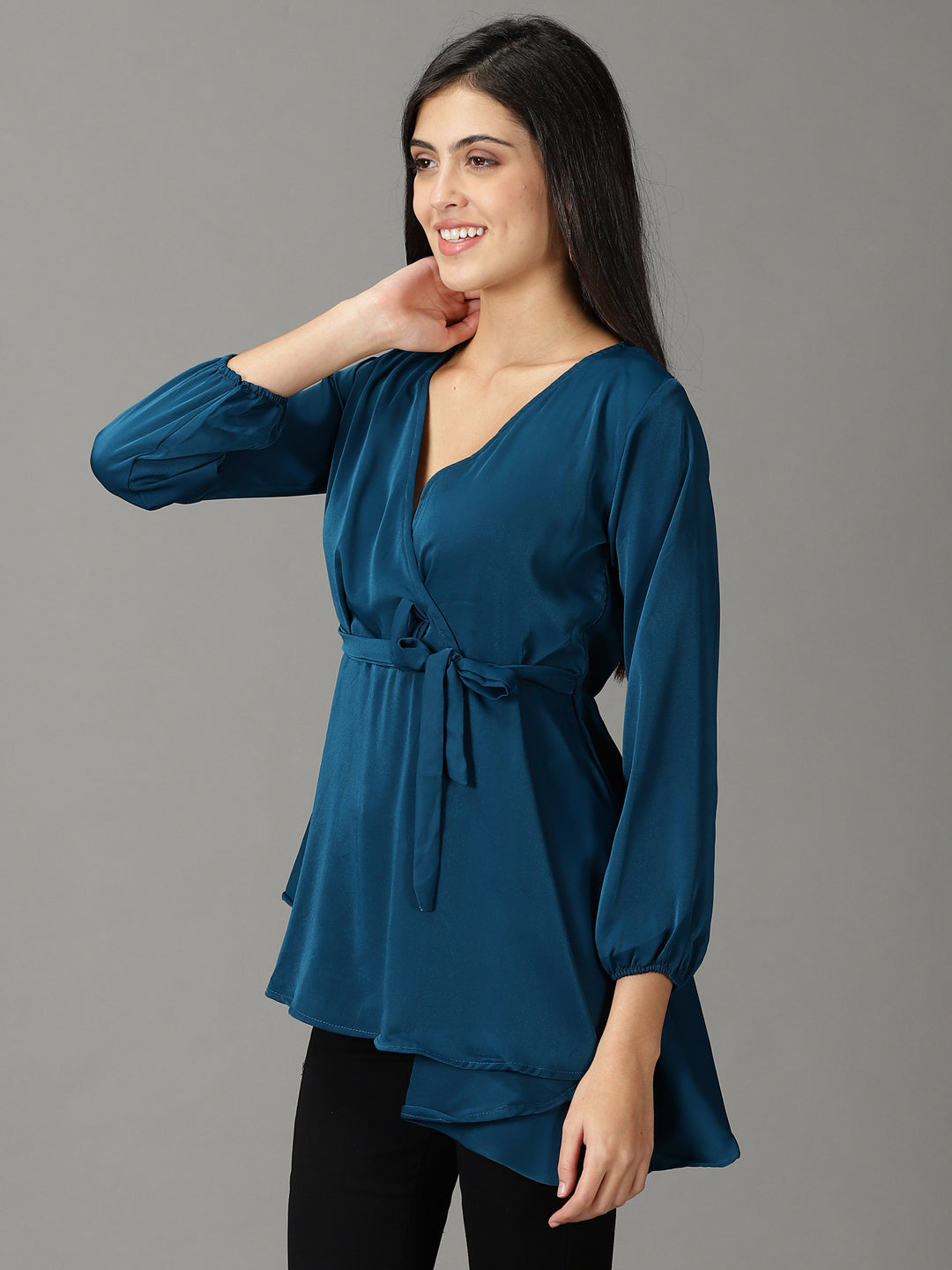 Women's Teal Solid Peplum Top