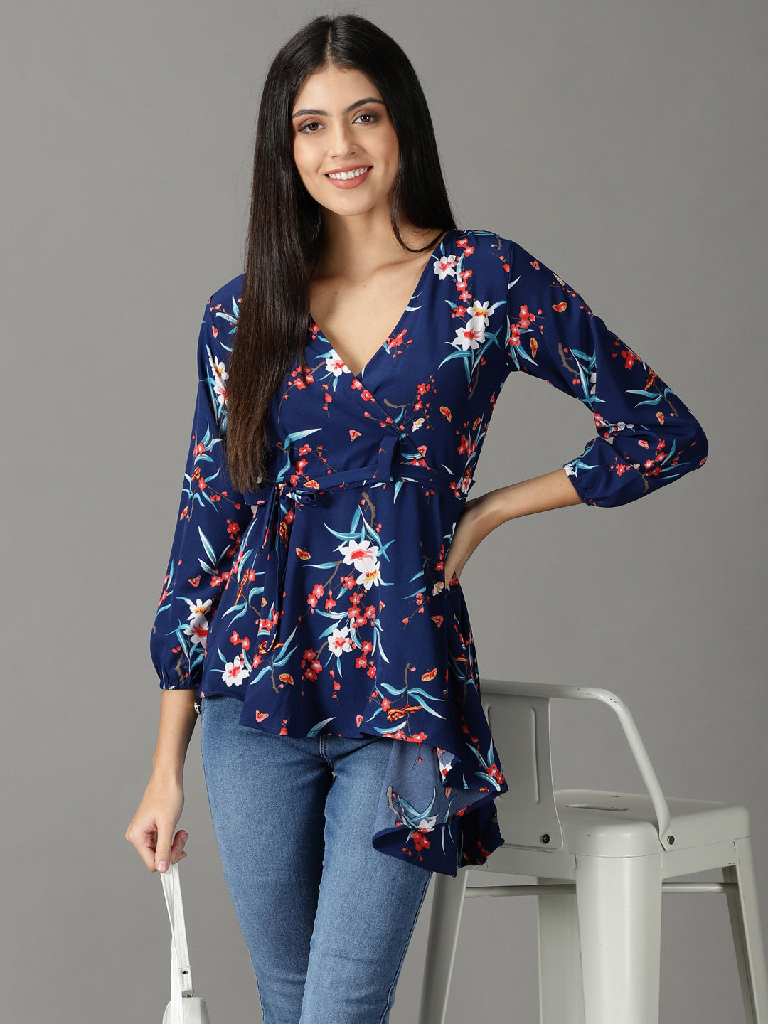 Women's Navy Blue Printed Peplum Top