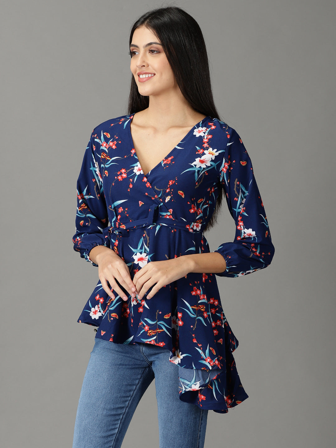 Women's Navy Blue Printed Peplum Top