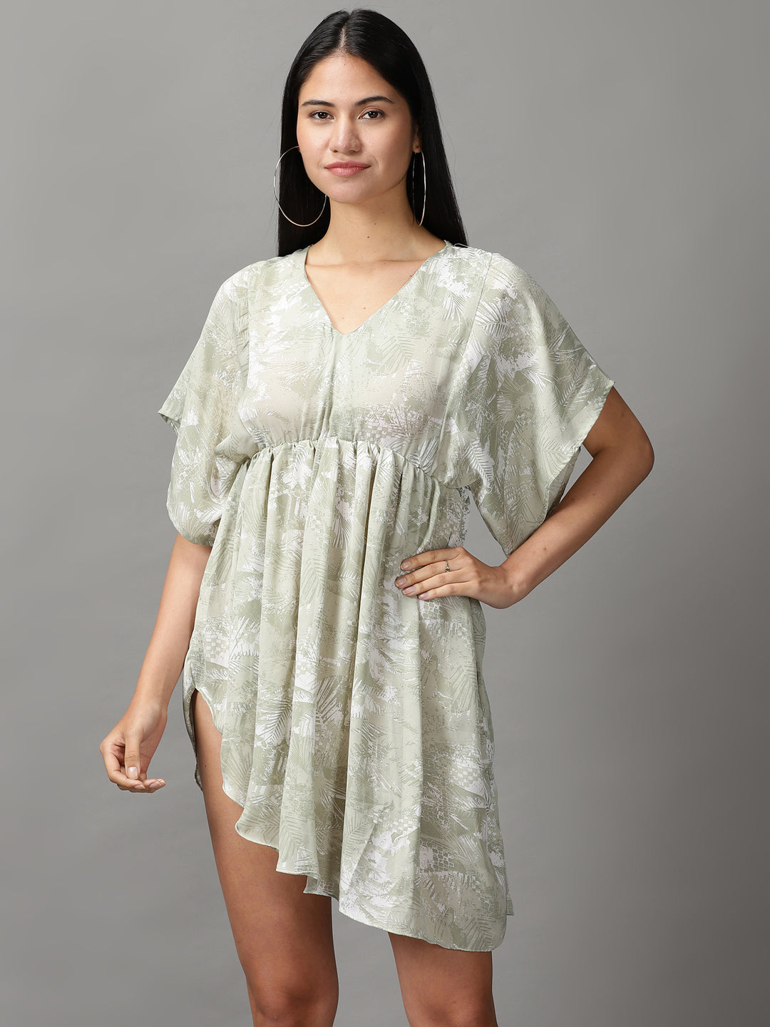Women's Olive Tropical Fit and Flare Dress