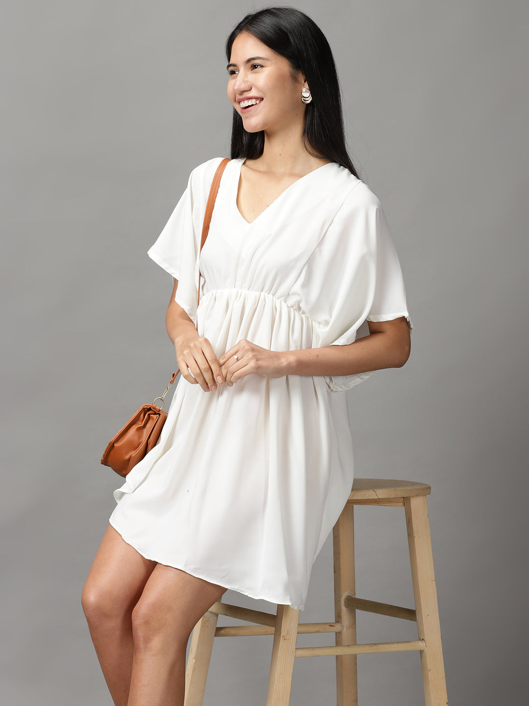 Women's Off White Solid Fit and Flare Dress