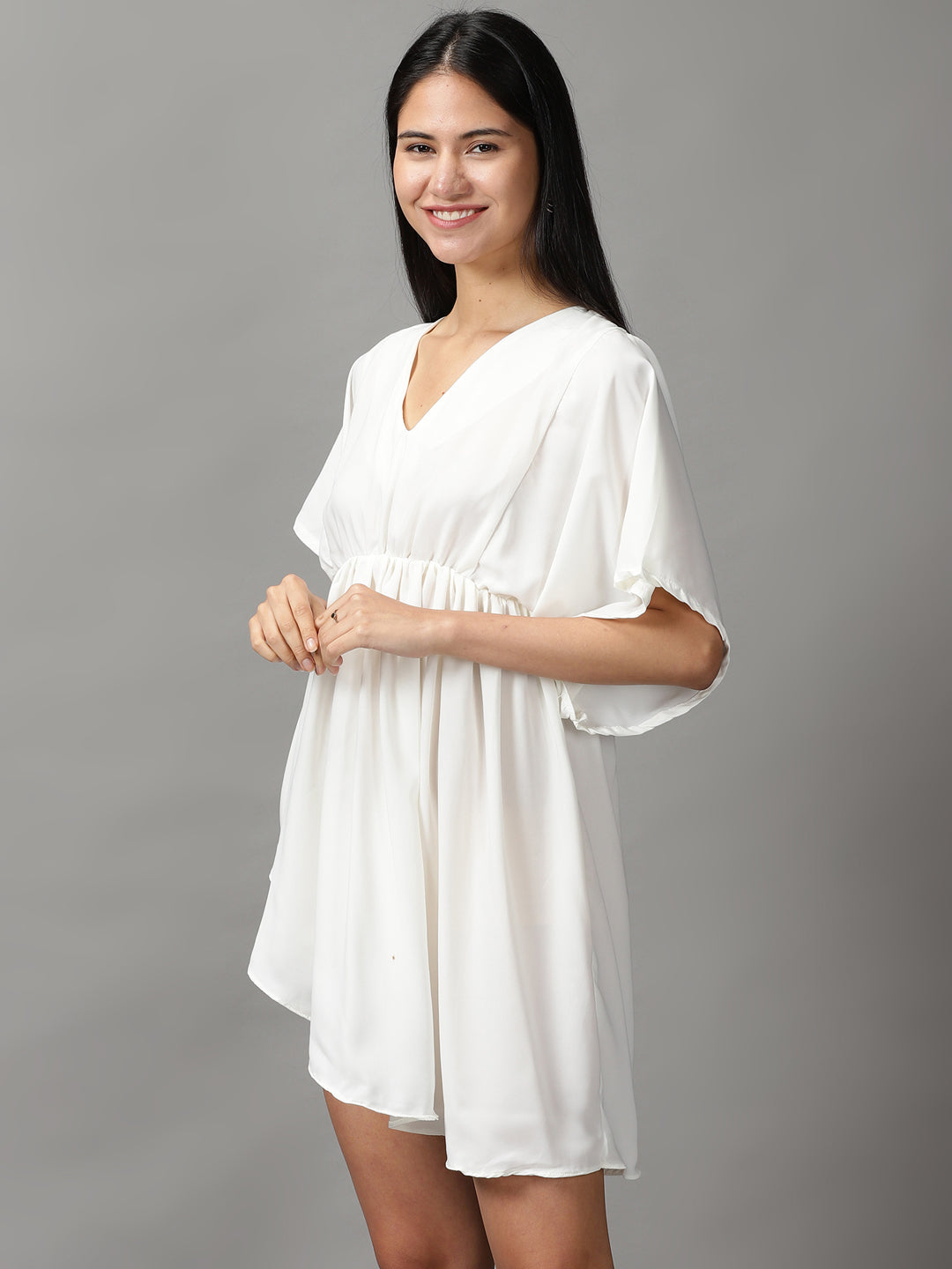 Women's Off White Solid Fit and Flare Dress