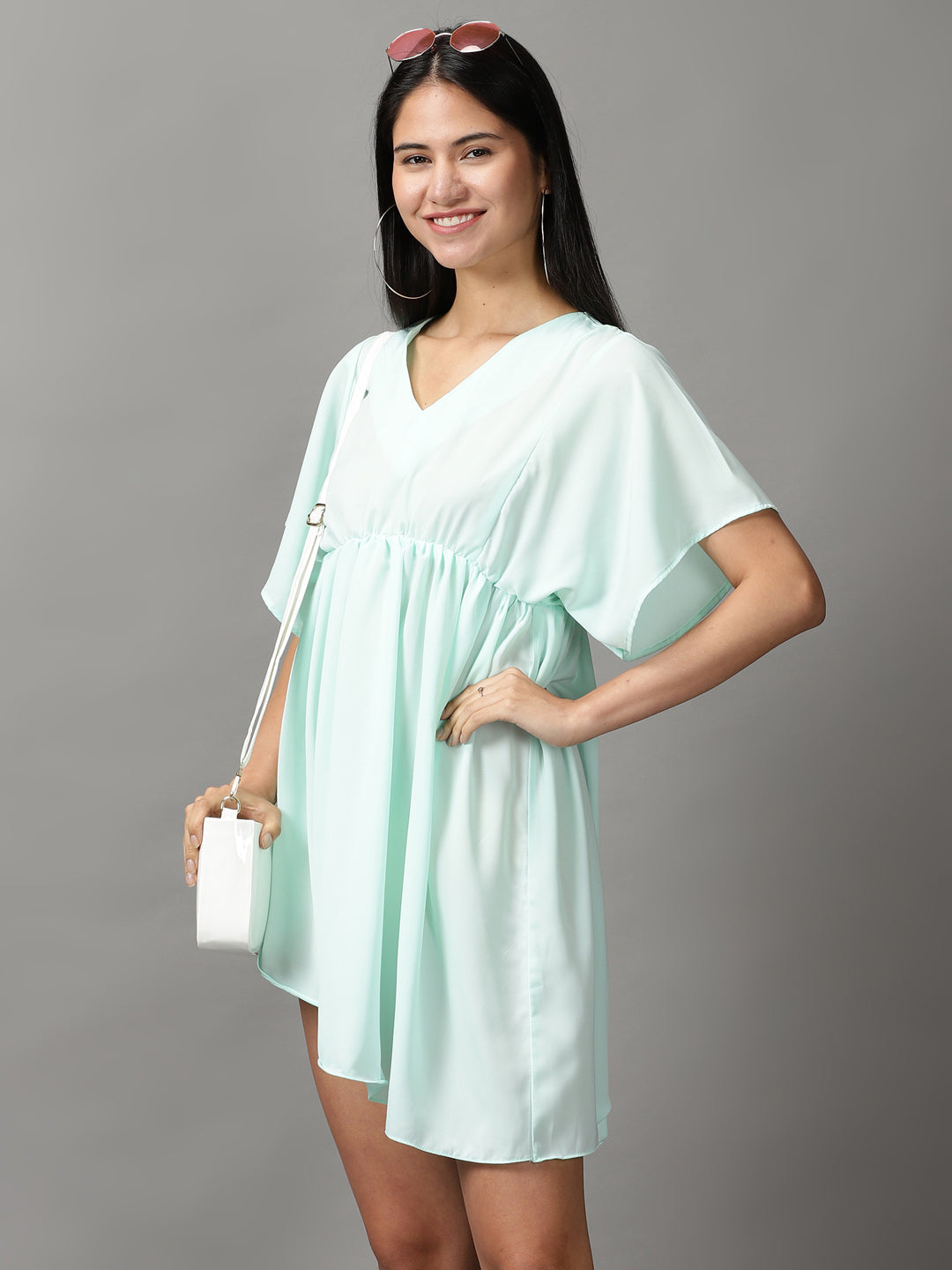 Women's Sea Green Solid Fit and Flare Dress
