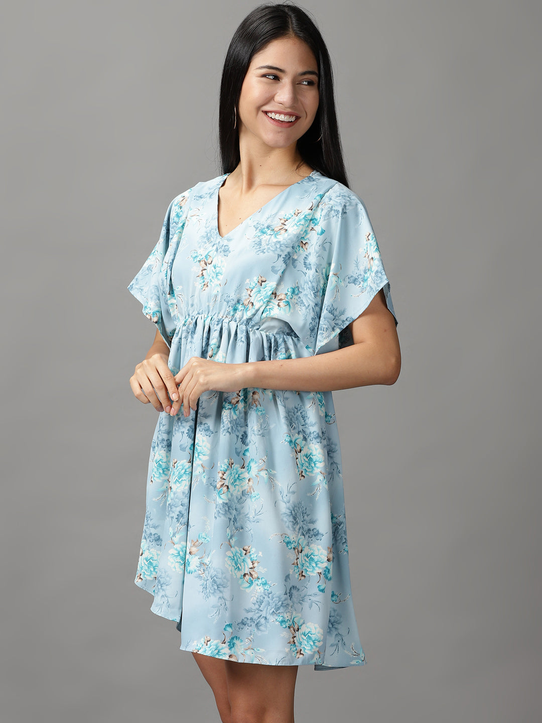 Women's Blue Tropical Fit and Flare Dress