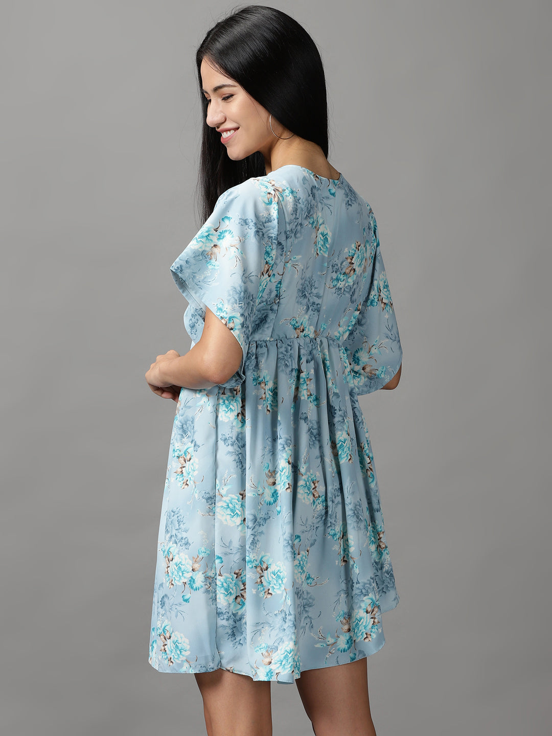 Women's Blue Tropical Fit and Flare Dress