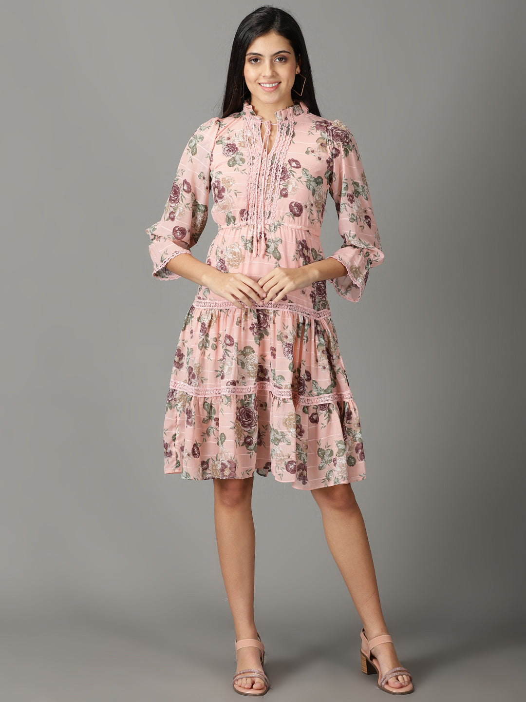 Women's Peach Printed Fit and Flare Dress