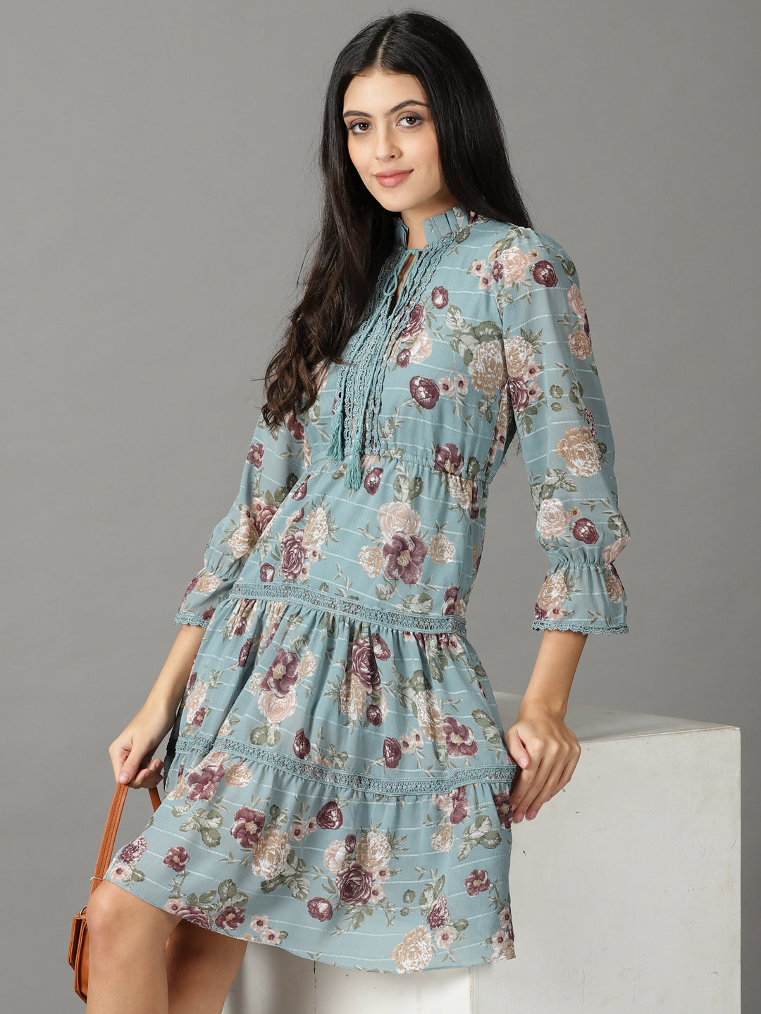 Women's Teal Printed Fit and Flare Dress