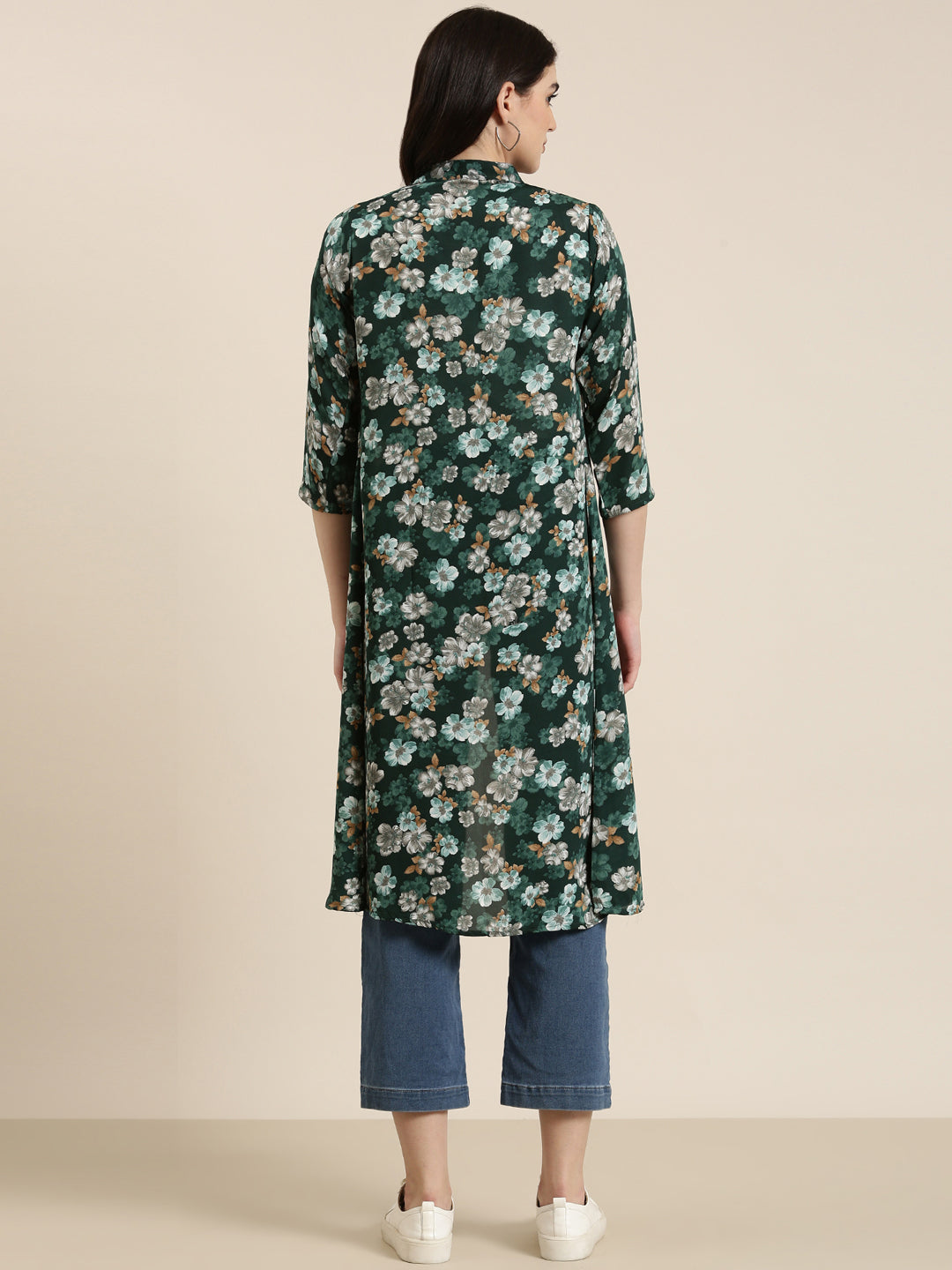 Women Green Printed Longline Shrug