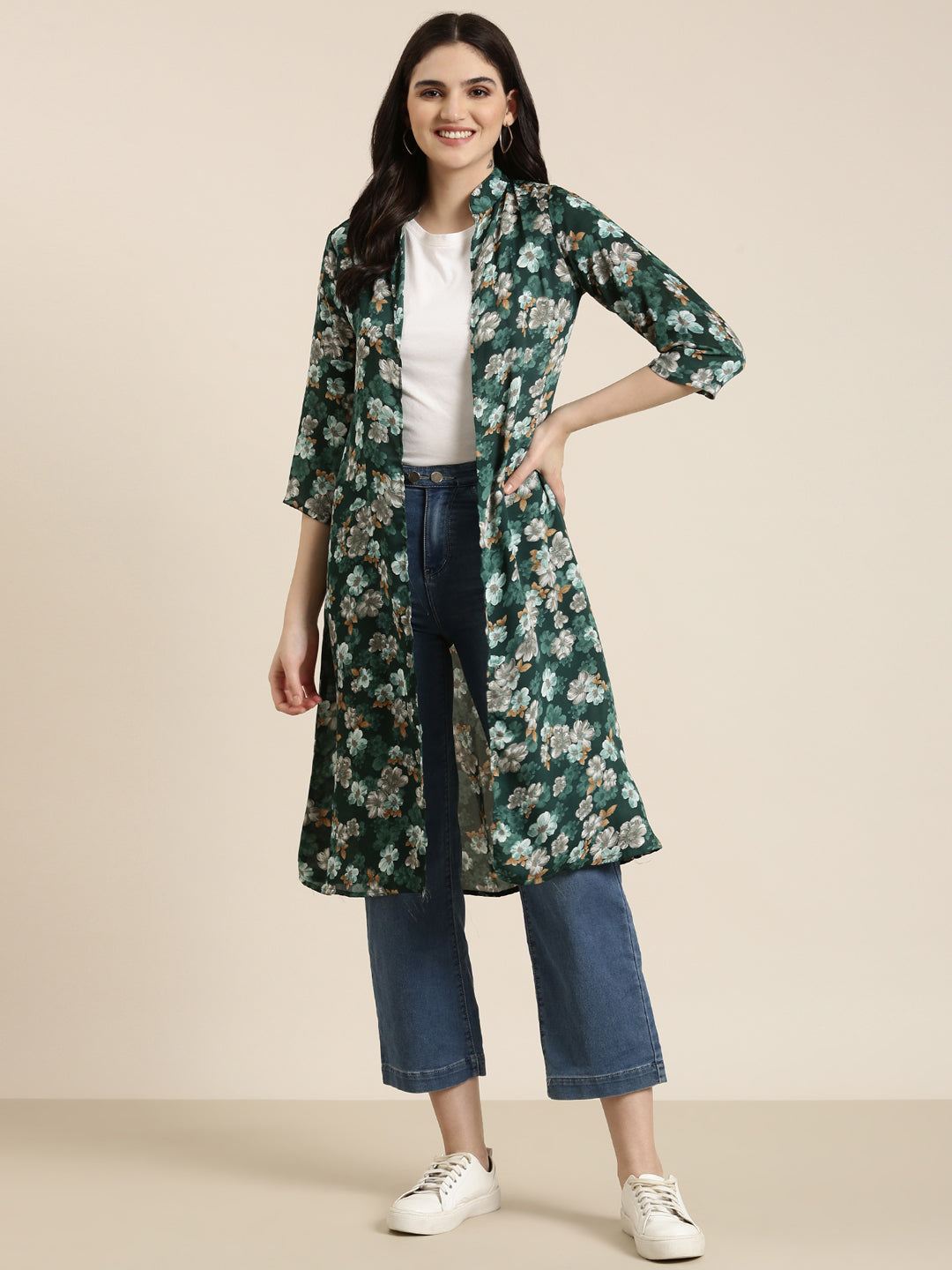 Women Green Printed Longline Shrug