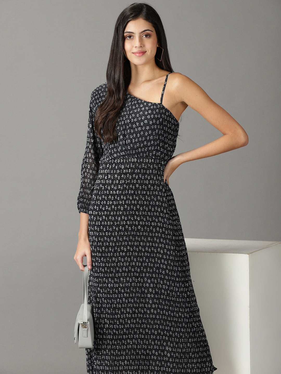 Women's Black Printed A-Line Dress