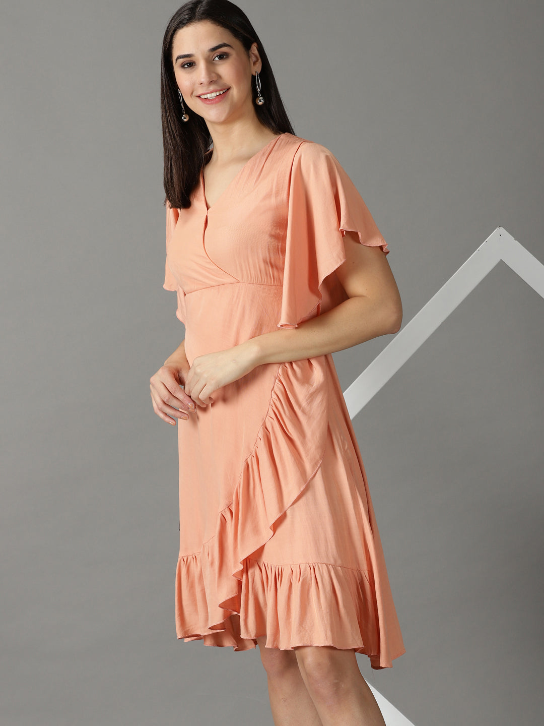 Women's Peach Solid Wrap Dress