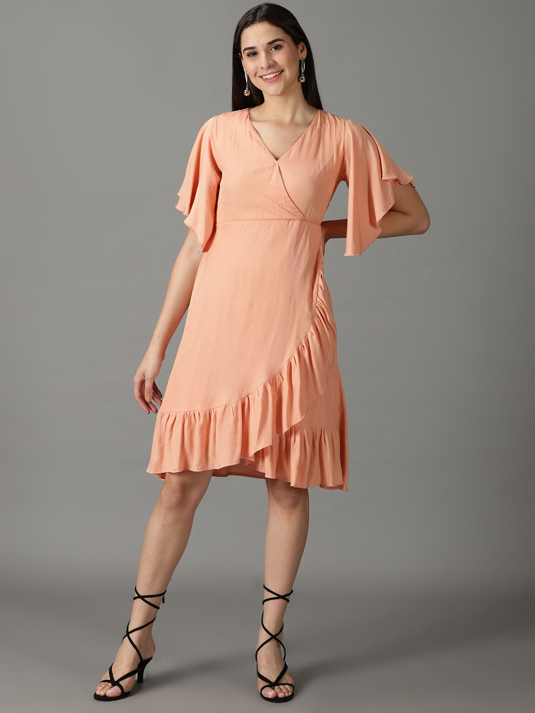 Women's Peach Solid Wrap Dress