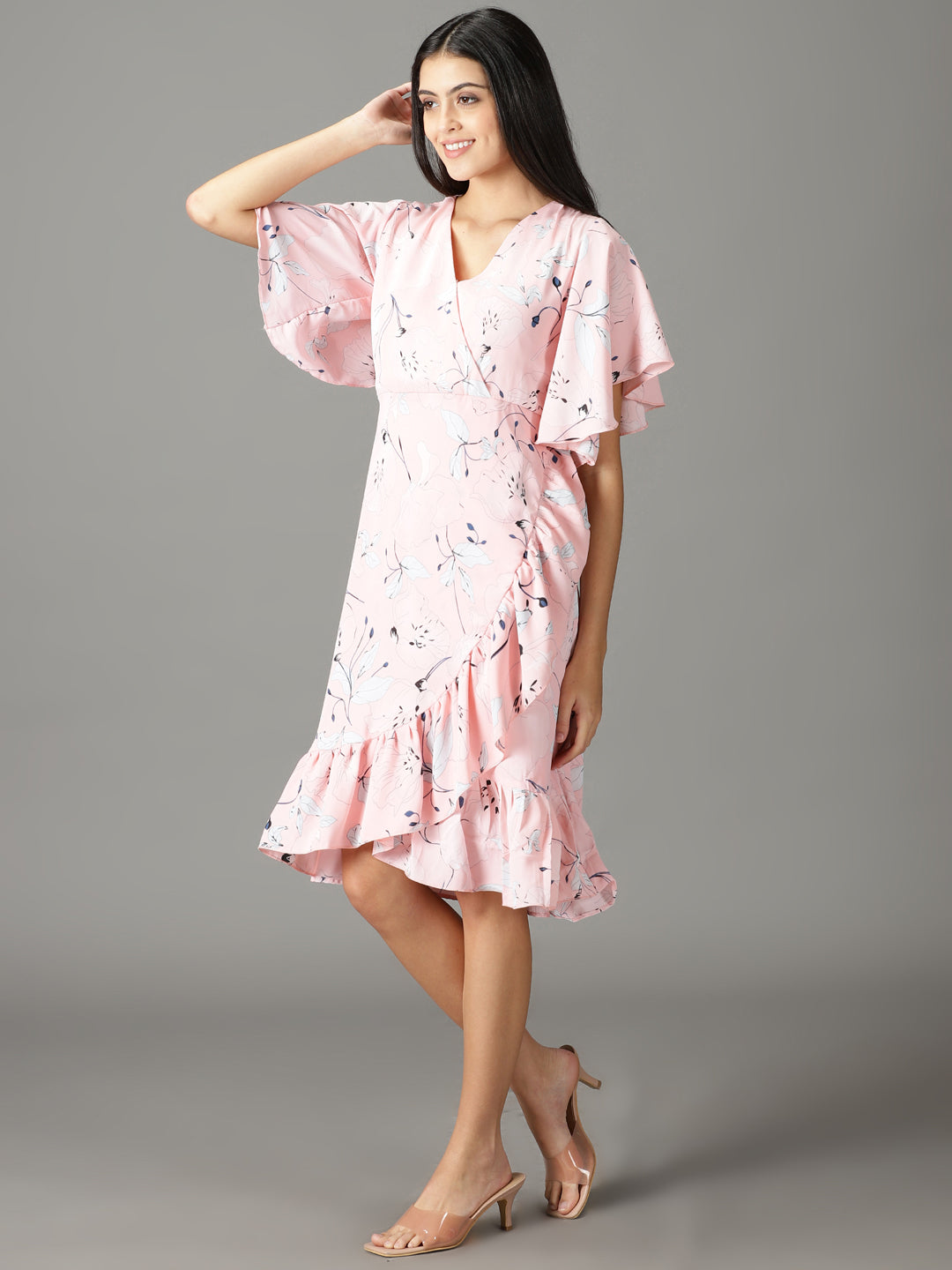 Women's Peach Printed Wrap Dress