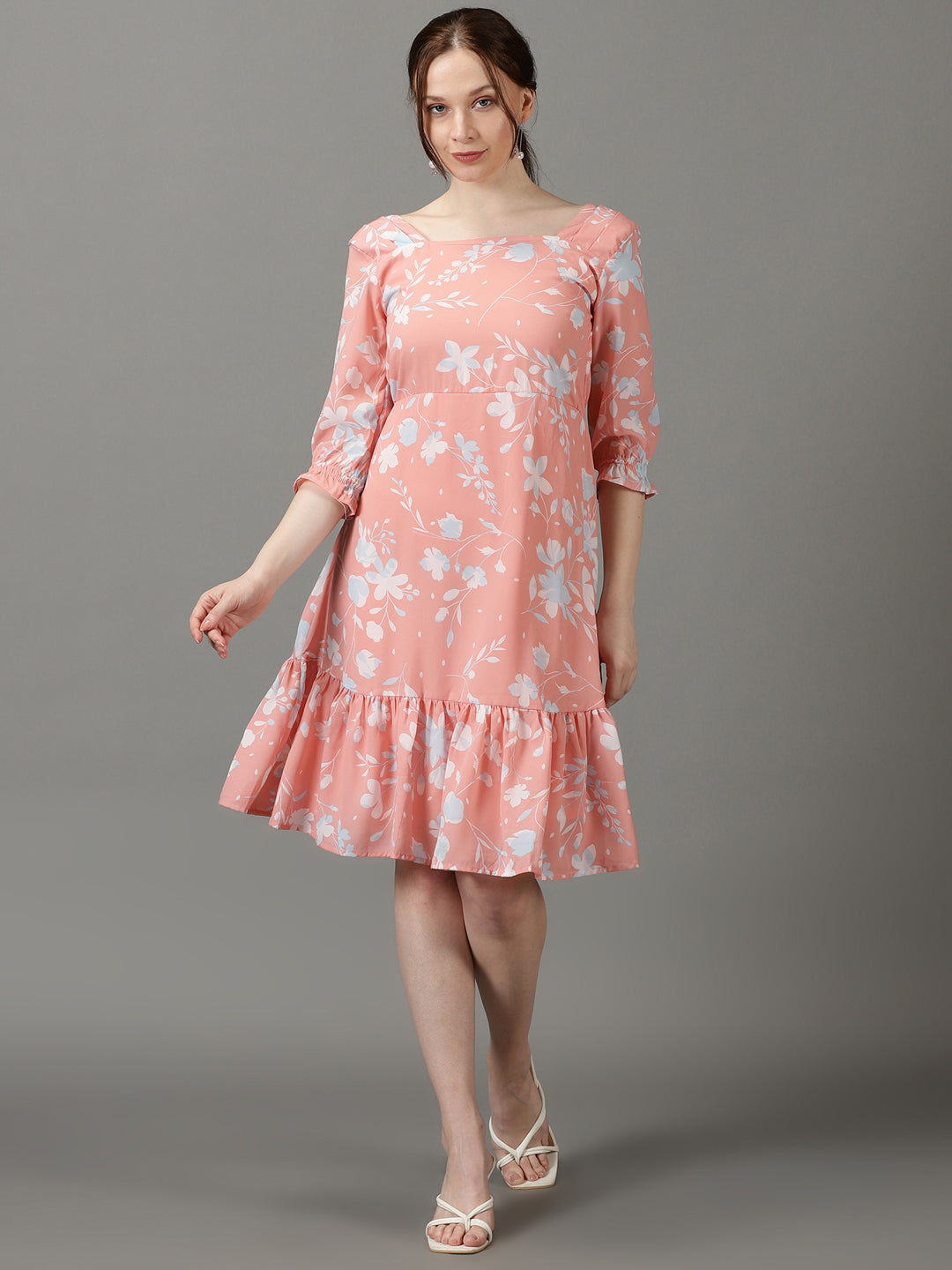 Women's Peach Printed Fit and Flare Dress