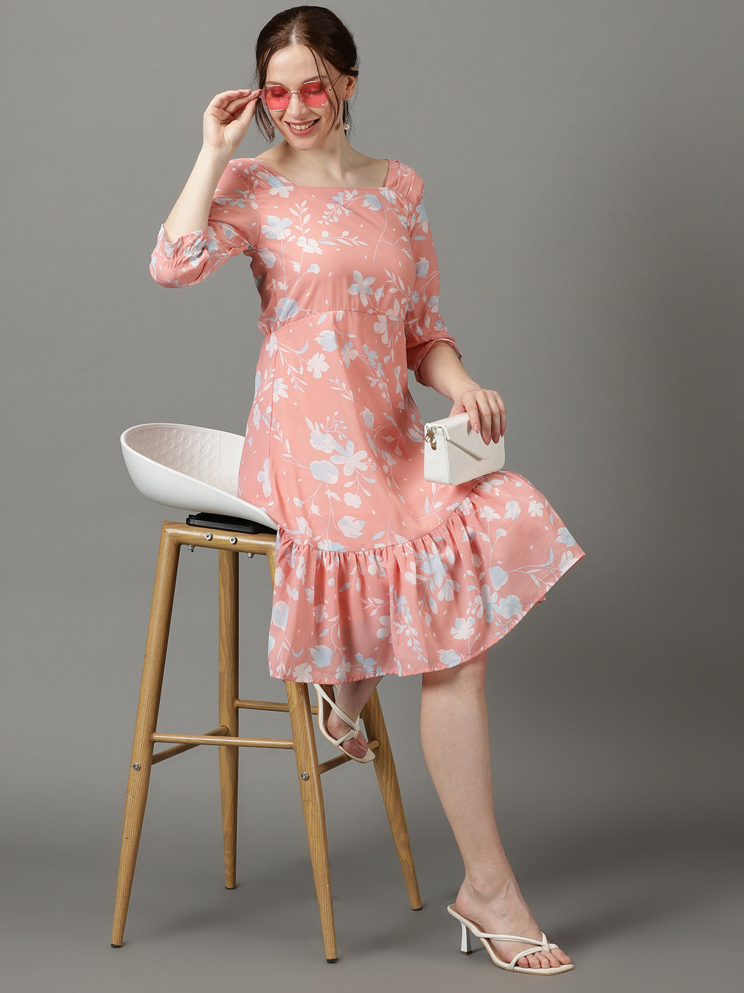 Women's Peach Printed Fit and Flare Dress