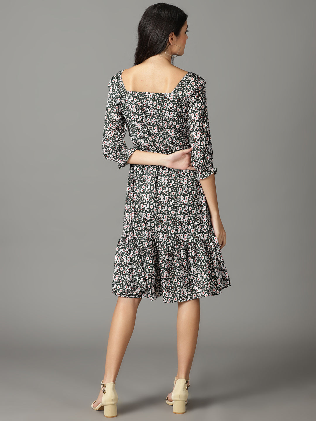 Women's Olive Printed Fit and Flare Dress