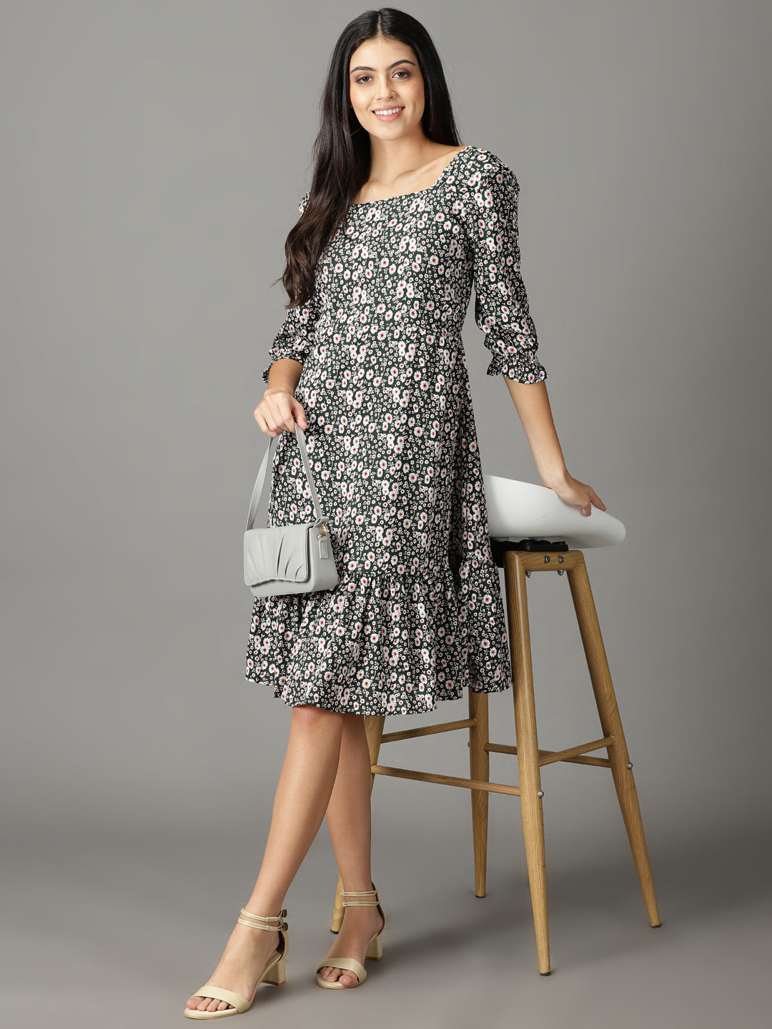 Women's Olive Printed Fit and Flare Dress