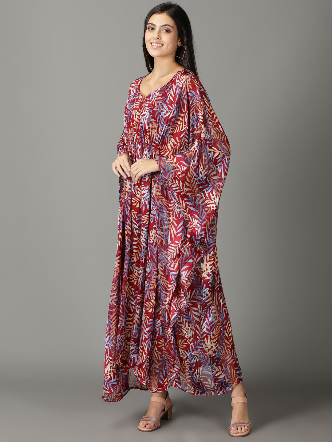 Women's Maroon Printed Kaftan Dress