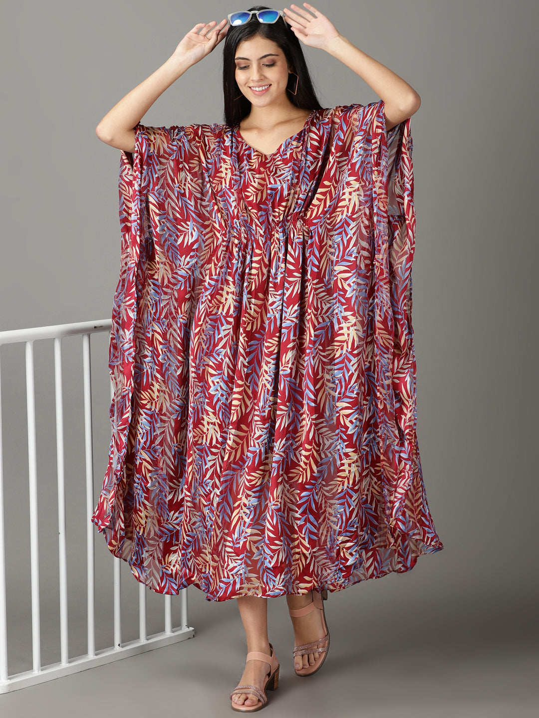 Women's Maroon Printed Kaftan Dress