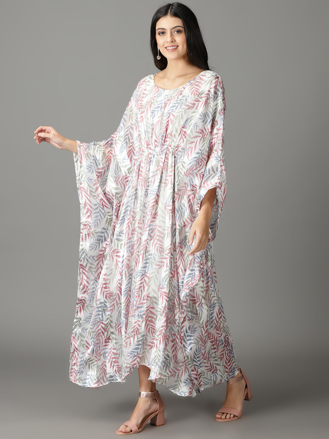 Women's White Printed Kaftan Dress