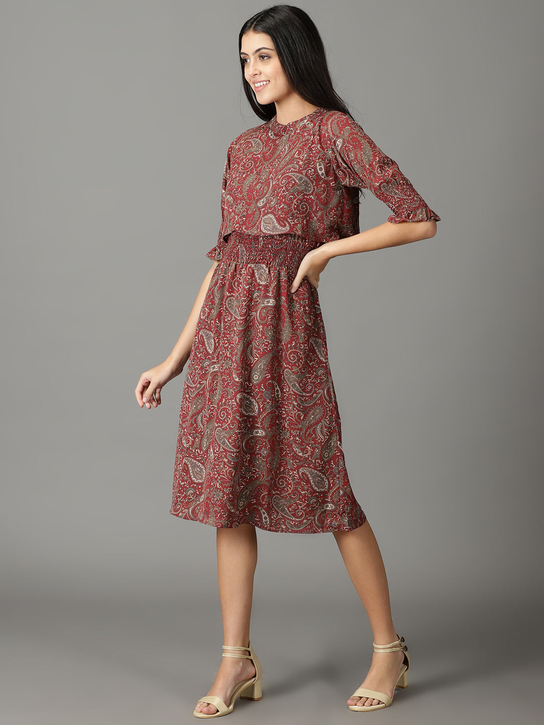 Women's Maroon Printed Fit and Flare Dress