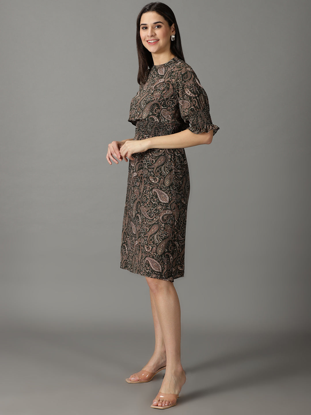 Women's Olive Printed Fit and Flare Dress