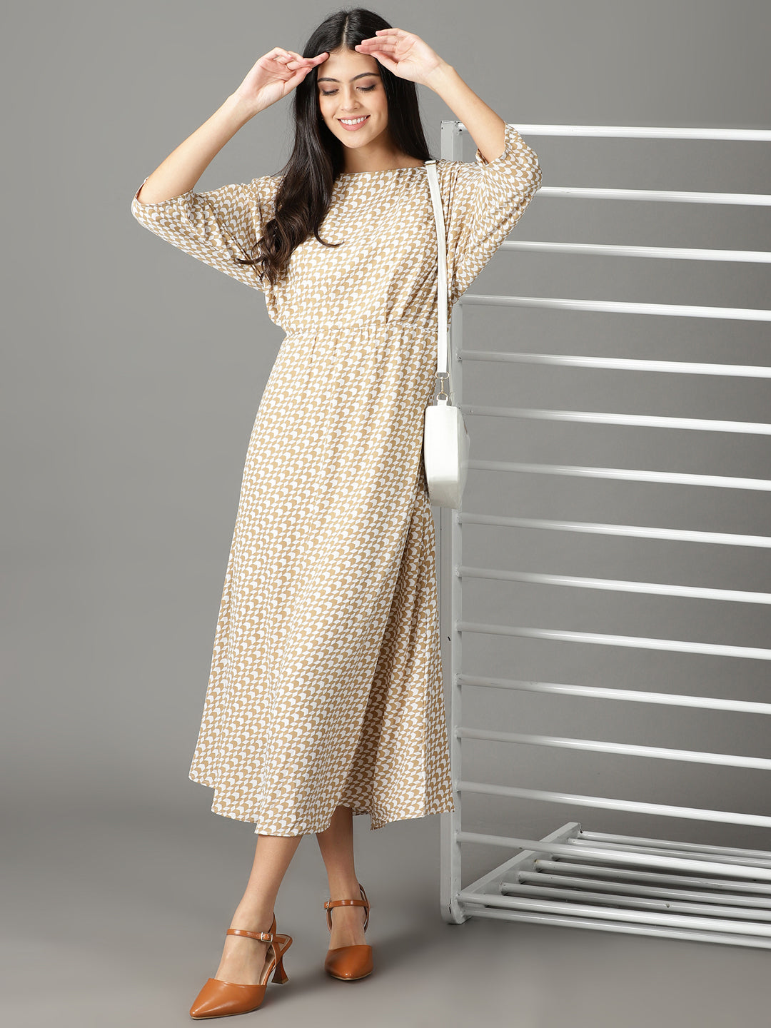 Women's Beige Printed Fit and Flare Dress