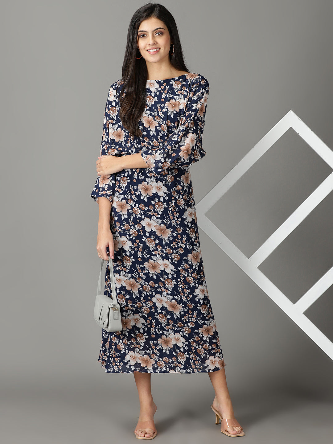 Women's Navy Blue Printed A-Line Dress